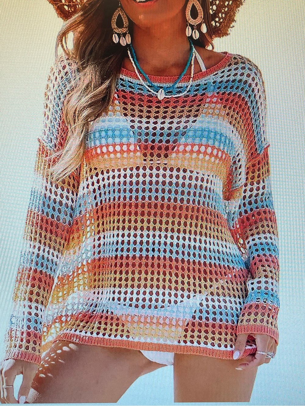 BNWT Cupshe Multicolor Striped Open-Knit Coverup in Coral, Sky Blue & Mustard